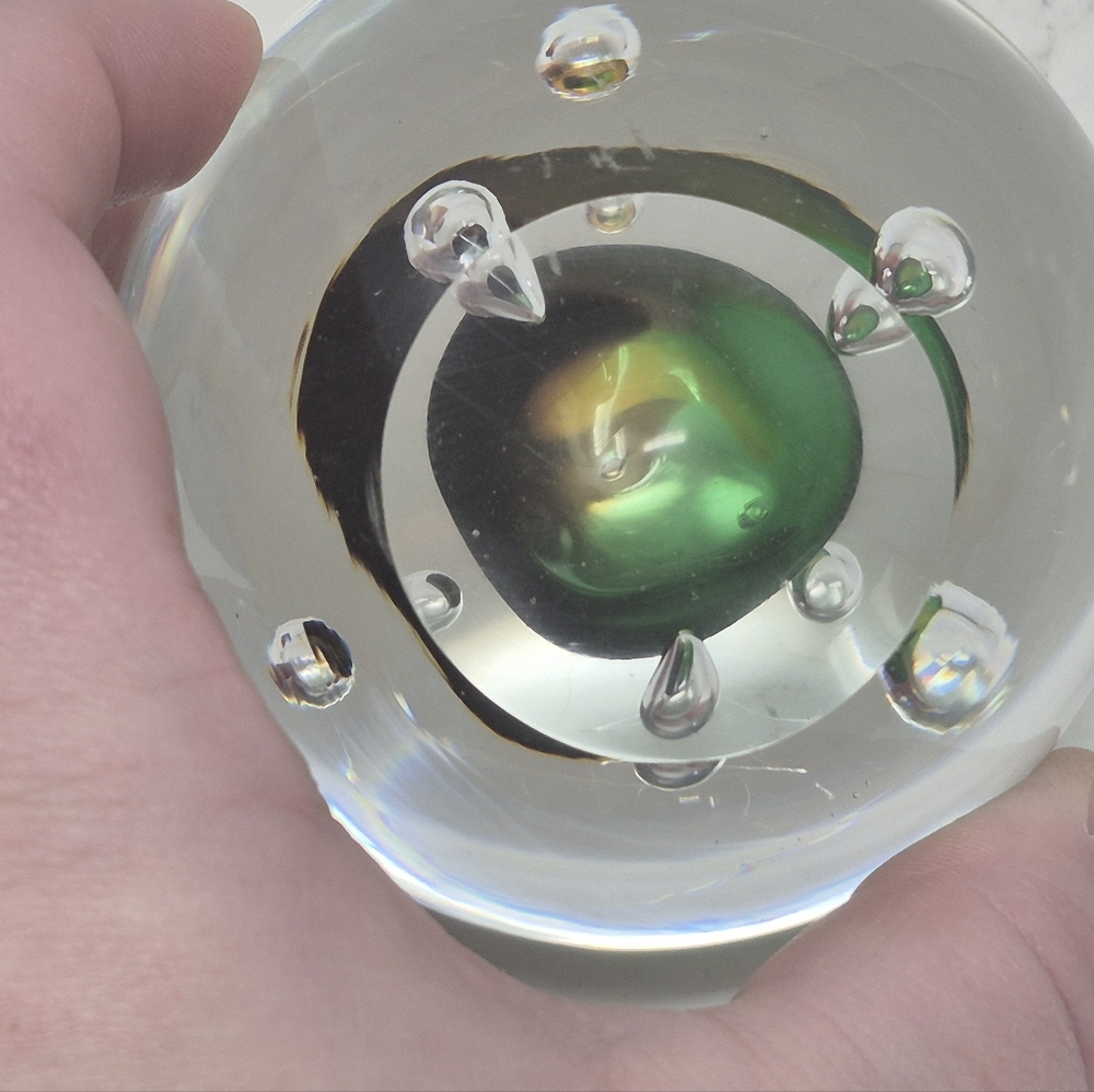 Clear Glass Paperweight With Green And Orange Irridecent Center - Picture 7 of 7
